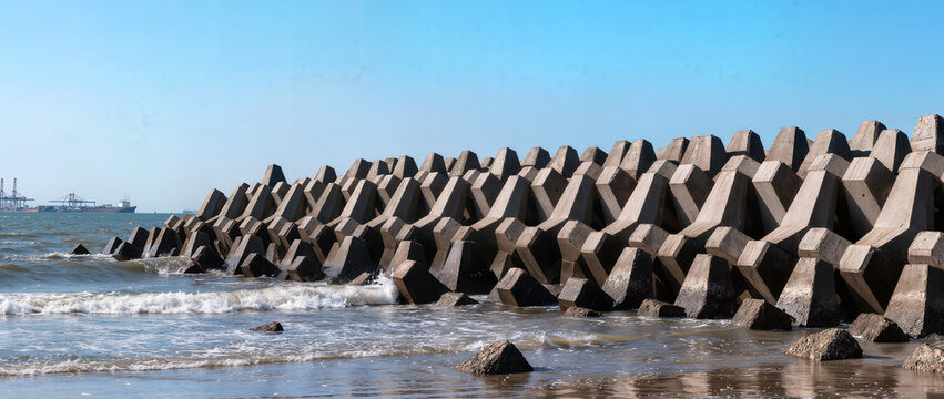 Breakwater armor structure along coastal shoreline, designed to protect harbor from strong waves and erosion. Rugged breakwater prevents coastal damage, ensures safe harbor for vessels.