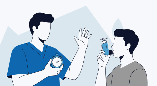 Doctor checking patient's lung function with spirometer and stopwatch, asthma test