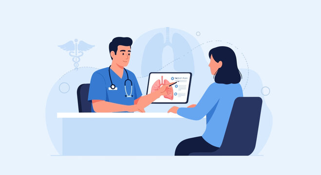Doctor consulting patient about lung health, medical examination, digital health concept
