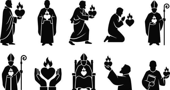 Silhouetten von Priestern und Bisch&ouml;fen, die das flammende Herz halten, ein Symbol des Heiligen Herzens Jesu, in verschiedenen religi&ouml;sen Posen.