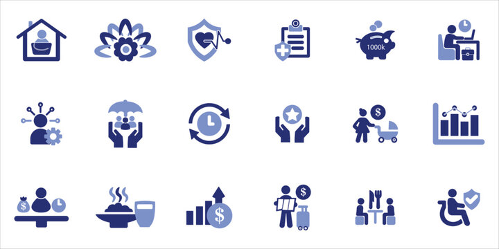 employee benefits icons set. pay raise, food and beverage, life insurance, retirement plans, mobility and more. simple colored vector