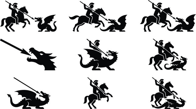 Verschiedene Silhouetten von einem Ritter auf einem Pferd, der einen Drachen bek&auml;mpft, einschlie&szlig;lich des Drachens, der Feuer speit.