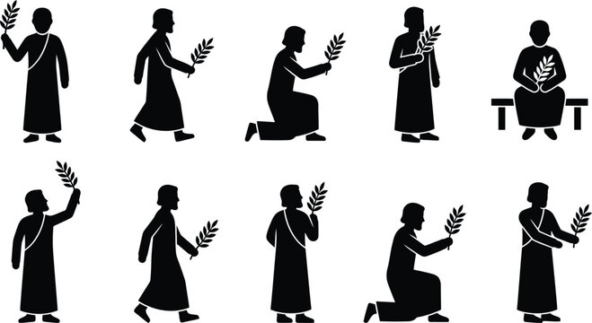 Schwarz-wei&szlig;e Silhouetten von Menschen in traditioneller Kleidung, die Weizen&auml;hren halten, in verschiedenen Posen wie Stehen, Gehen, Knien und Sitzen.