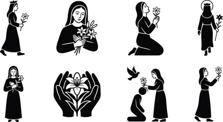 Schwarz-weiße Ikonen von Frauen mit Blumen, die religiöse und spirituelle Themen darstellen. © Insa Batool