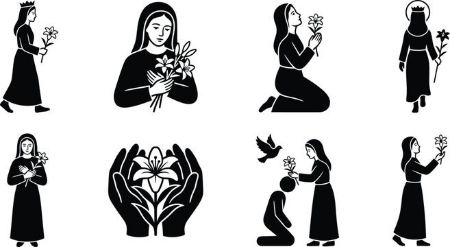 Schwarz-wei&szlig;e Ikonen von Frauen mit Blumen, die religi&ouml;se und spirituelle Themen darstellen.