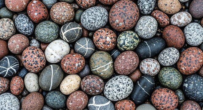 A vibrant, textured close-up of numerous smooth, colorful pebbles in a dense arrangement
