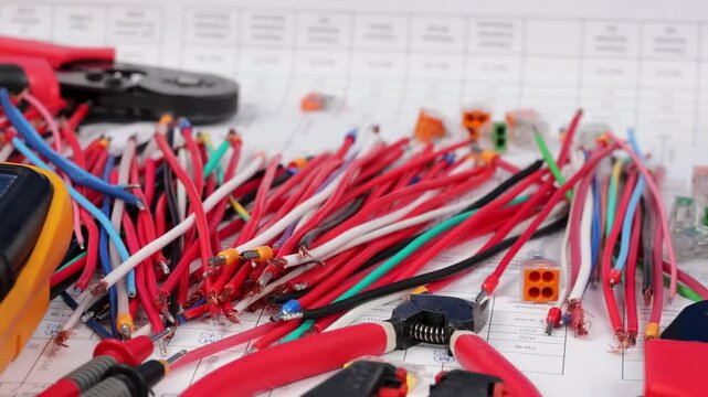 Tools and materials for assembling an electrical switchboard in the workplace.