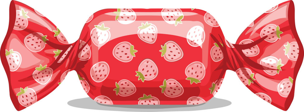 Wrapped strawberry hard candy vector set with glossy red wrappers and sweet fruit bonbons isolated on white background