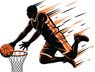 Silhouette basketball player jumps to dunk ball into hoop with dynamic motion lines against checkered background. © Atikur19922