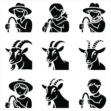 Black and white vector illustrations of goat herders and goats
