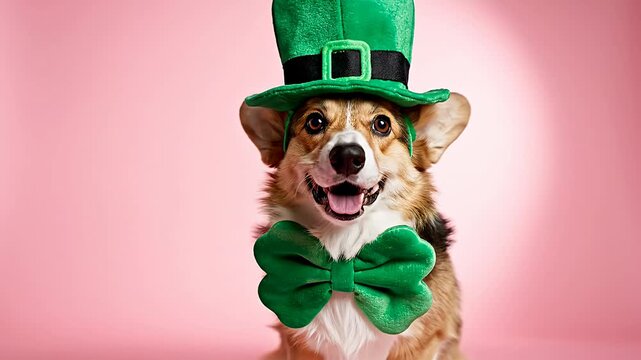 Cute Corgi dog wearing green leprechaun hat and bow tie