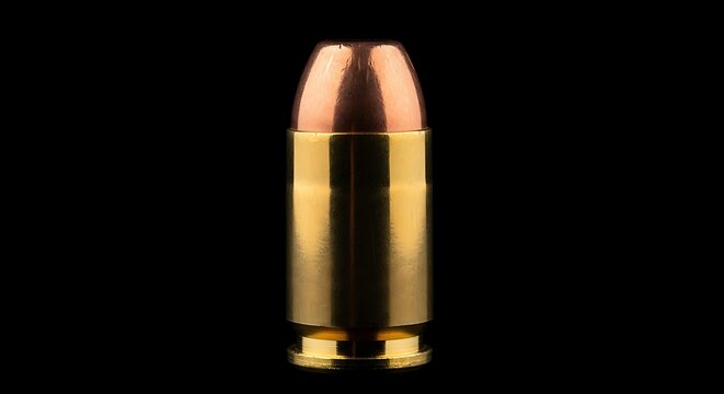 A close-up studio shot on black of a single, gleaming bullet
