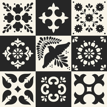 Set of traditional mexican talavera tile patterns. Ceramic art from Puebla. 
