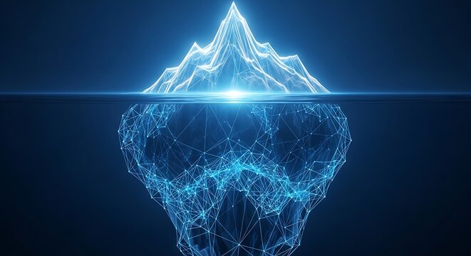 A digital rendering of an iceberg, the visible portion and hidden depths, in blue light