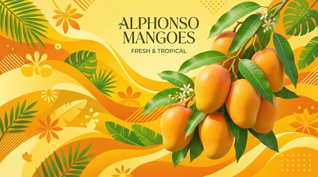 Alphonso mangoes with green leaves and tropical patterns on sunny yellow and orange wavy background. Fresh 3D illustration, clean