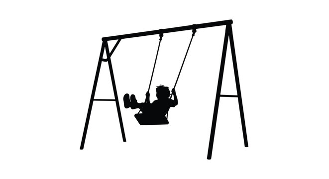 Silhouette of a child swinging on a simple metal swing set