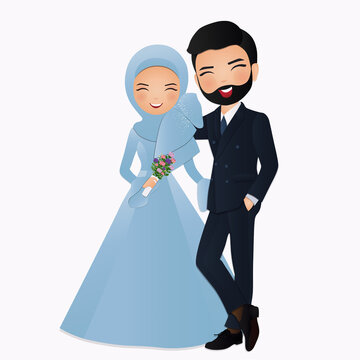 Muslim Wedding Couple Cartoon Illustration