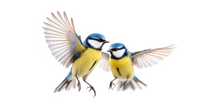 Two blue tits interacting in mid-air on white background