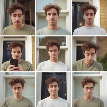 Male with curly hair displaying various expressions while standing in front of windows, wearing different colored shirts in a relatable everyday situation captured in meme style