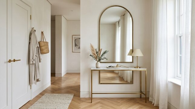 Minimalist entryway with arched mirror and brass console table on wood floor. Realistic interior photography, minimalist luxury