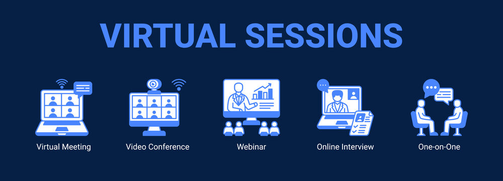 Virtual Sessions web banner icon concept, with Virtual Meeting, Video Conference, Webinar, Online.