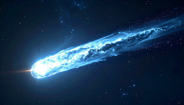 Icy comet streaking through deep space, long trailing dust tail, frozen vapor wisps, bright glowing nucleus, dark cosmic backdrop