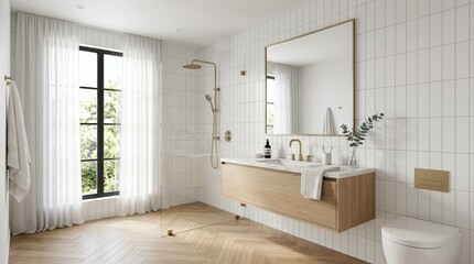 Fototapeta premium Luxury guest bathroom with white tile and gold hardware in minimalist style. Realistic interior photography, minimalist luxury