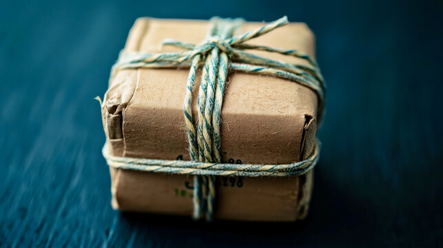 Small wrapped package sits on a dark table with string tied around it for a delivery or gift