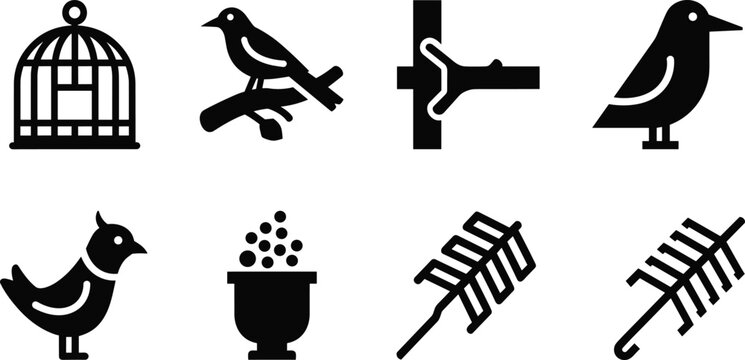 Bird care and garden tools silhouette vector icon set featuring bird cage perched birds feeder and rake isolated on white background