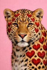 Obraz premium leopard with heart shaped patterns on fur against pink background, expressing love and nature