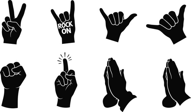 Hand gesture silhouette vector icon set featuring peace sign rock hand shaka fist pointing finger and praying hands isolated on white background