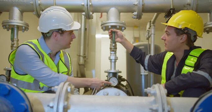 Two industrial engineers collaborating on system diagnostics, inspecting the pipeline and pressure gauges during a maintenance check in a factory plant room.