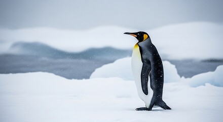 Obraz premium A regal penguin stands proudly on an icy landscape, facing left. The scene is snowy