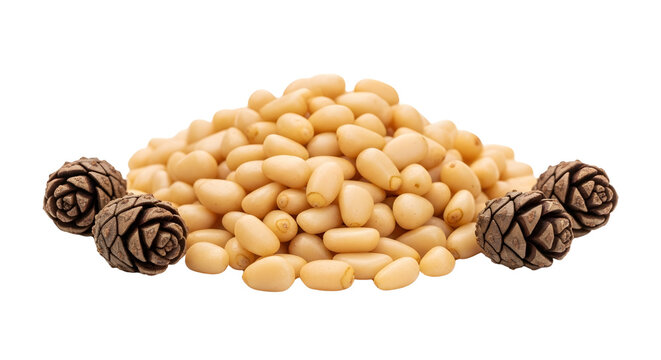 Raw pine nuts pile with cedar cones, organic shelled cedar kernels on white background, healthy vegan superfood snacks and cooking ingredients