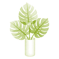 Fototapeta premium Monstera Deliciosa Plant Leaves in Vase Illustration in Green Retro Stipple Art Style