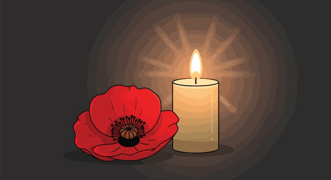 Memorial candle, red poppy flower, remembrance symbol, grief icon, vector illustration