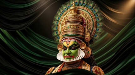 Naklejka premium Kathakali mask with traditional makeup and headgear on theatrical black and green wavy background. Cultural 3D illustration,