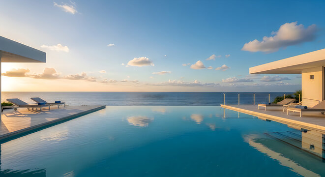 Serene infinity pool overlooking the ocean at sunset illustration