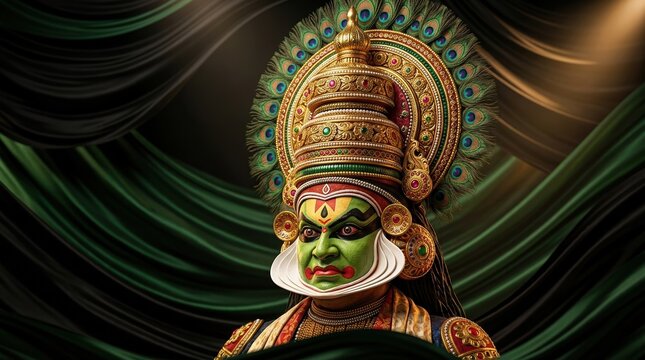 Kathakali mask with traditional makeup and headgear on theatrical black and green wavy background. Cultural 3D illustration,