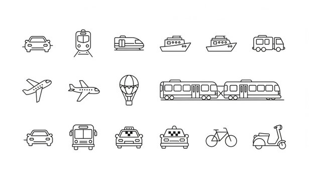 Public transport line icons set with car train plane boat truck editable stroke vector for UI UX