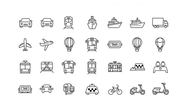 Public transport line icons set with car train plane boat truck editable stroke vector for UI UX