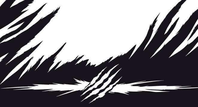 Dramatic black and white illustration of sharp claw mark scratches or slashes across a dark textured background.