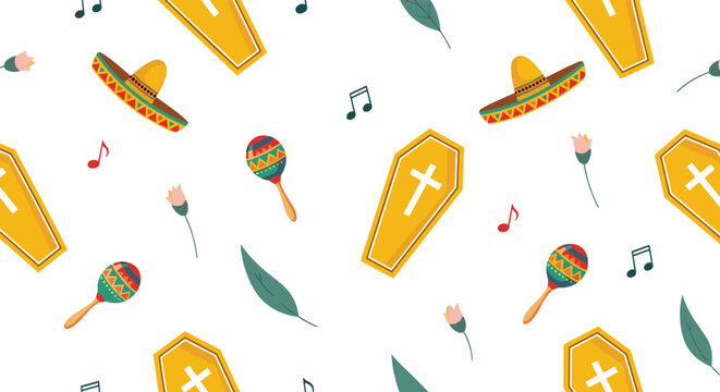 Seamless pattern for Day of the Dead featuring coffins, sombreros, maracas, flowers, and musical notes on white.