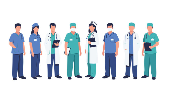 Group of medical staff including surgeons, doctors, and nurses standing together in uniforms and protective gear.