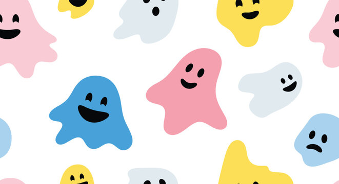 Cute seamless pattern of colorful ghosts with different fun facial expressions in pink, blue, yellow, and grey.