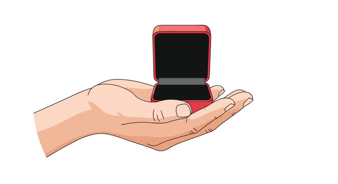 Human hand holding an open red jewelry box empty and ready for a diamond ring or engagement proposal surprise on a white background.