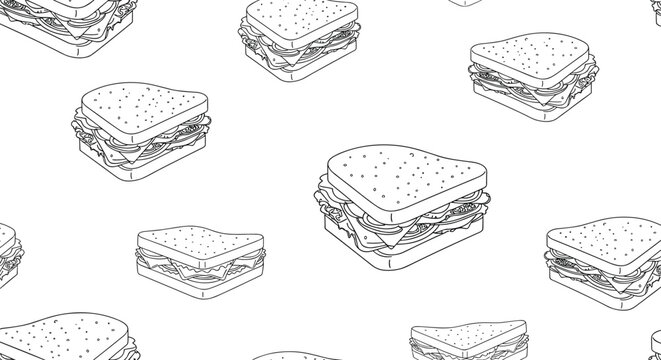Tasty seamless pattern of detailed line art sandwiches with multiple layers of ingredients perfect for food and deli-themed backgrounds.