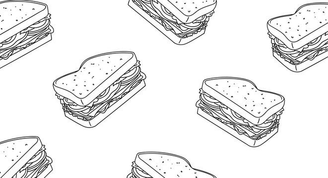 Minimalist seamless pattern of black and white line art sandwiches repeating across the frame for cafe and food-related branding.