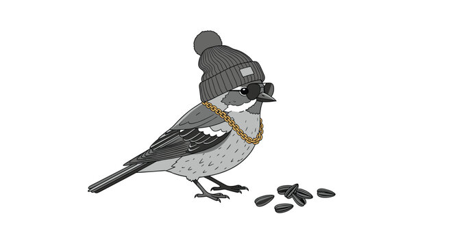 Stylish illustration of a sparrow bird character wearing a gray beanie, gold chain, and sunglasses standing next to sunflower seeds.