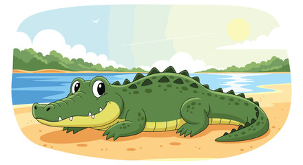 Naklejka premium Friendly cartoon crocodile rests on a sunny beach next to a calm blue river with trees and white clouds in the background.